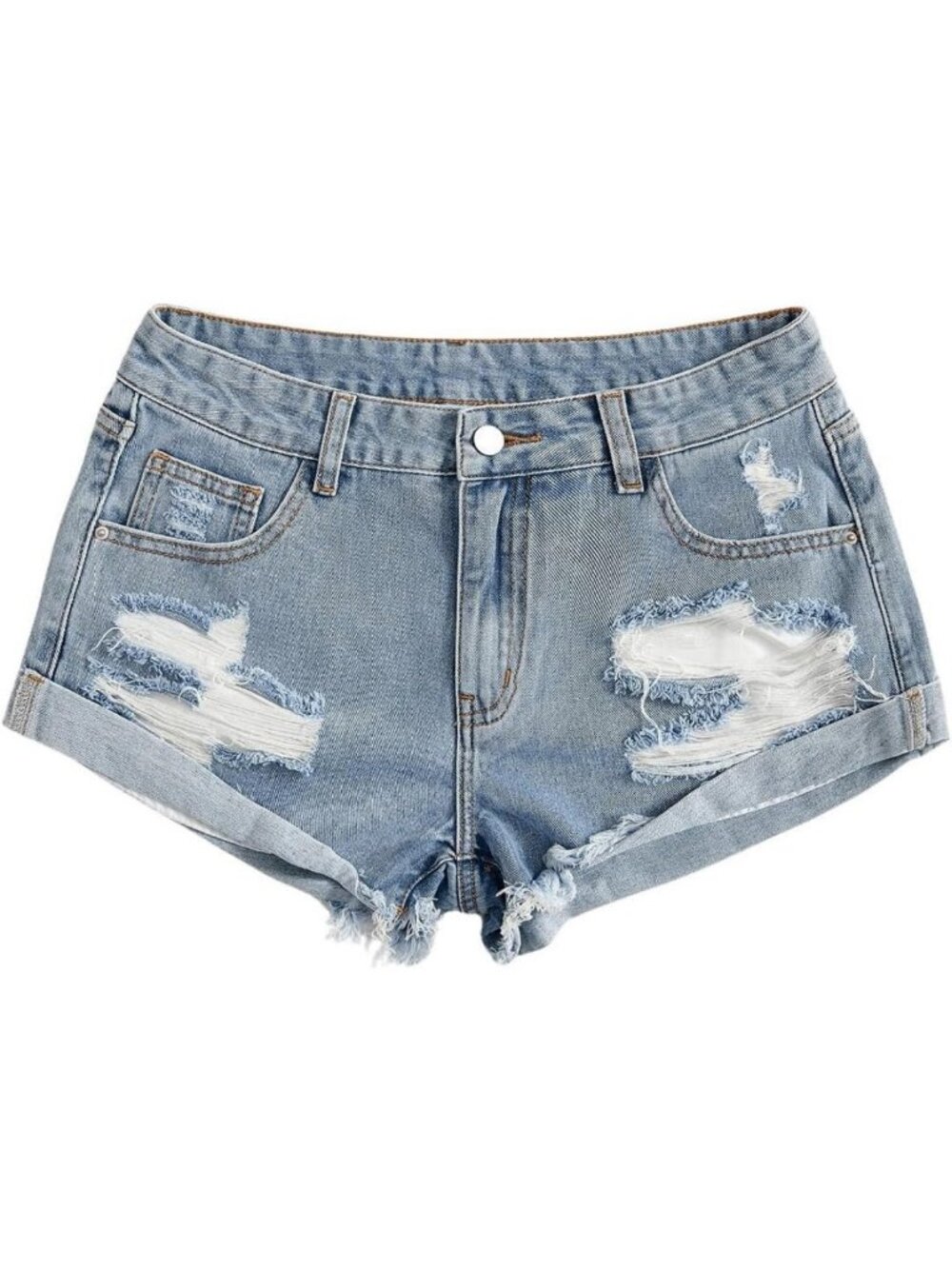Low Waisted Ripped Mini Jean Shorts - Distressed Y2K Denim with Roll Hem